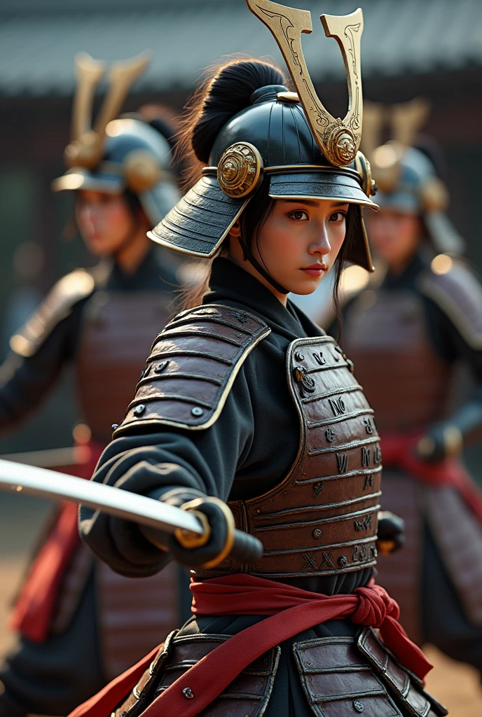 Create an ultra-realistic image of four female samurai from feudal Japan, depicted in action as they train with their swords. The focus should be on showing them in a dynamic, training environment. Each samurai should be dressed in traditional armor with intricate details, including polished metal plates, leather straps, and silk embellishments. Their armor should feature kabuto (helmets), shoulder guards, and chest plates.
Position the samurai in different training poses: one could be performing a kata (pre-arranged forms), another might be engaging in a sparring match with a fellow warrior, a third could be practicing a defensive stance, and the fourth could be demonstrating a powerful strike or cut. Ensure their swords (katana) are depicted with high realism, including detailed craftsmanship.
Their hairstyles should be traditional, with elaborate updos or wrapped in headbands, and their expressions should convey focus, determination, and discipline. The background should reflect a training dojo or a historical Japanese setting with minimal distractions, using soft, dramatic lighting to highlight the movement and details of their armor and weapons. Capture the intensity and grace of their training, emphasizing the realistic textures and dynamics of their actions.