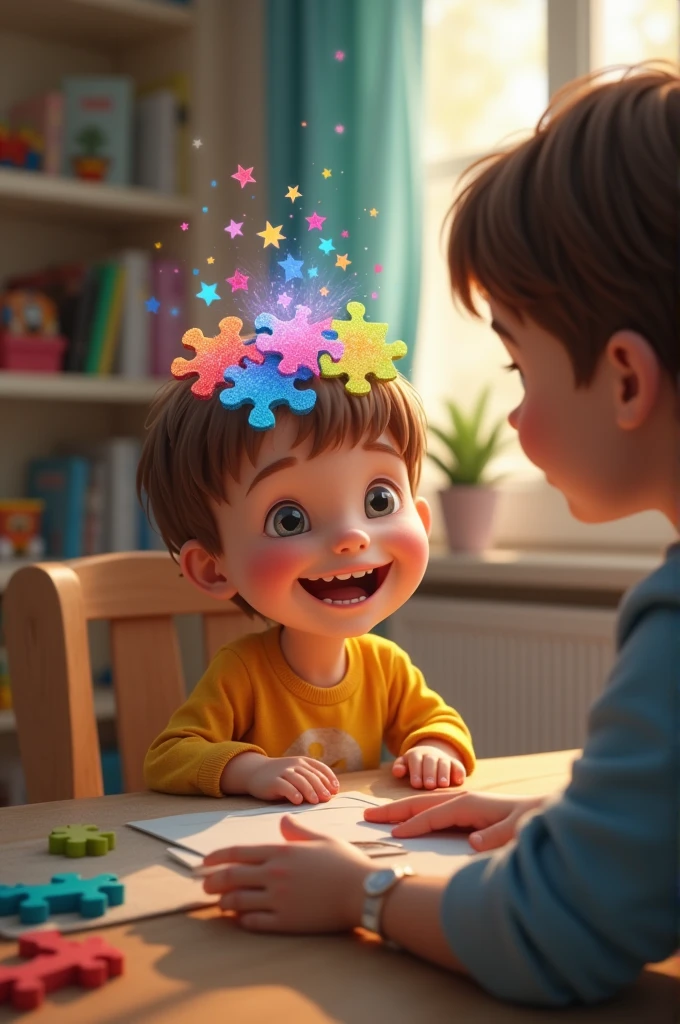 Boy with light brown hair smiling with colorful puzzle in his brain, looking at a smiling psychologist and playing with him in a room with toys