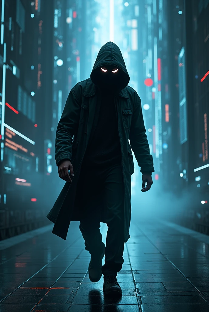 Create a image of a text written grim hacker online .
Main color should be bright white black and a touch of blue , its for my twitter banner so make the scale equivalent to twitter banner