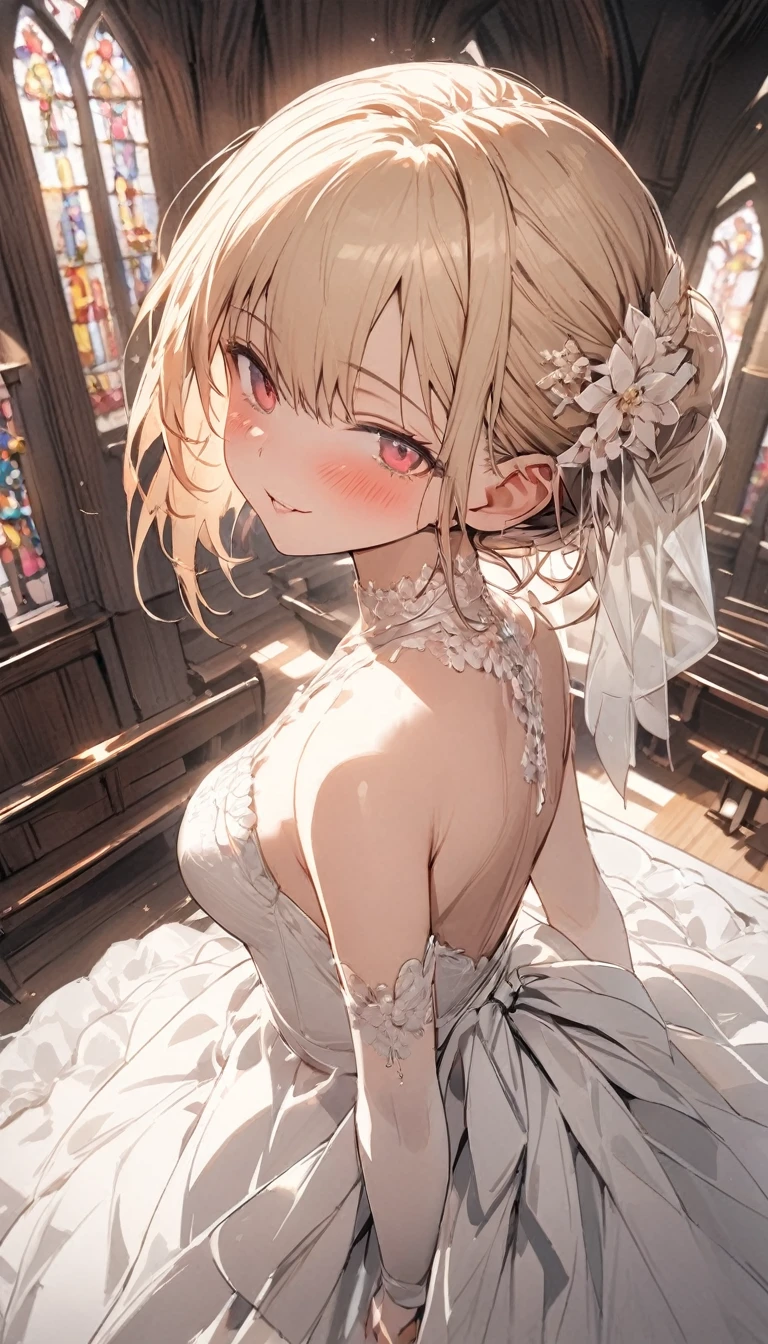 A stunning June bride in her wedding gown looking back with ((joy)), true to life image.,  cute girl, 1 girl, solo, Layered Bob, (Blonde and Pink Hair), Purple Clear Eyes,(Highest picture quality), (master's work), (realistic), ((extremely detailed CG unity 8k)), (((masterpiece))), (((ultra-detailed))), (best quality:1.4), (cinematic lighting), (illustration), (beautiful detailed eyes), (hyper intricate fine detail), (Highest picture quality), (master's work), (top quality), (beautiful and aesthetic), nsfw:0.5, (front of church), floating dress, (floating hair), (outdoors), ((flower confetti)), (beautiful sunlight),