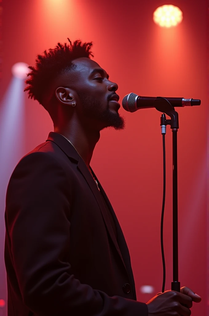 Sur une scène lumineuse et doux , avec un theme romantique.
un Jeune et beau noir, de 22 ans . artiste musicien , qui a une coiffure tapers dégradé,  chante au micro une chansons pop/Rnb.