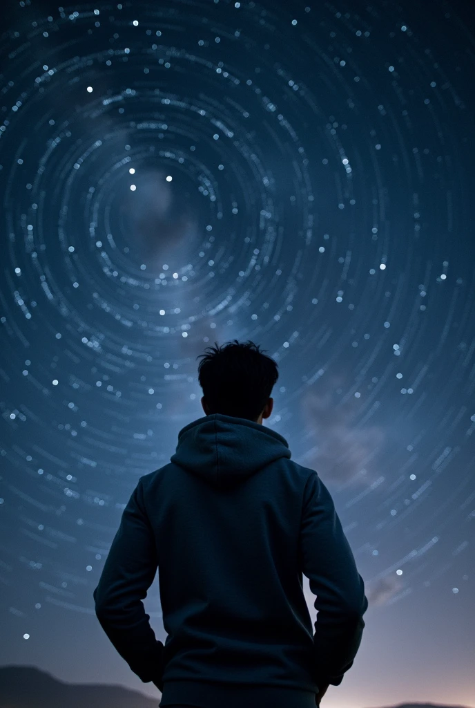 long exposure starry sky with many circular orbits, focus at stars,silhouette of a young man with his hands in her coat pockets looking up at it,golden ratio, wearing Hoodie