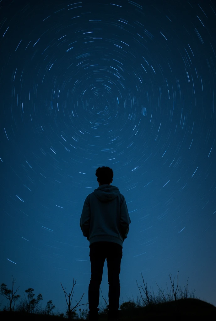 long exposure starry sky with many circular orbits, focus at stars,silhouette of a young man with his hands in her coat pockets looking up at it,golden ratio, wearing Hoodie