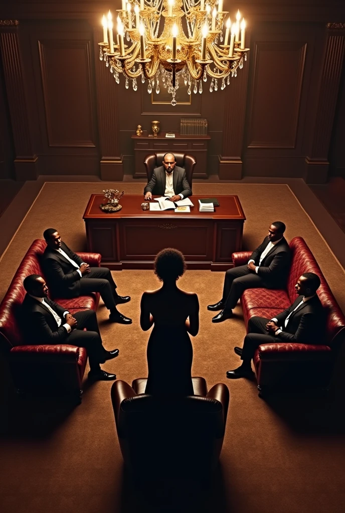 one muslim, one jamaican and one african queen sitting in couches and staring at an executive black woman, in a big office in the style of the godfather movies, view from the ceiling

