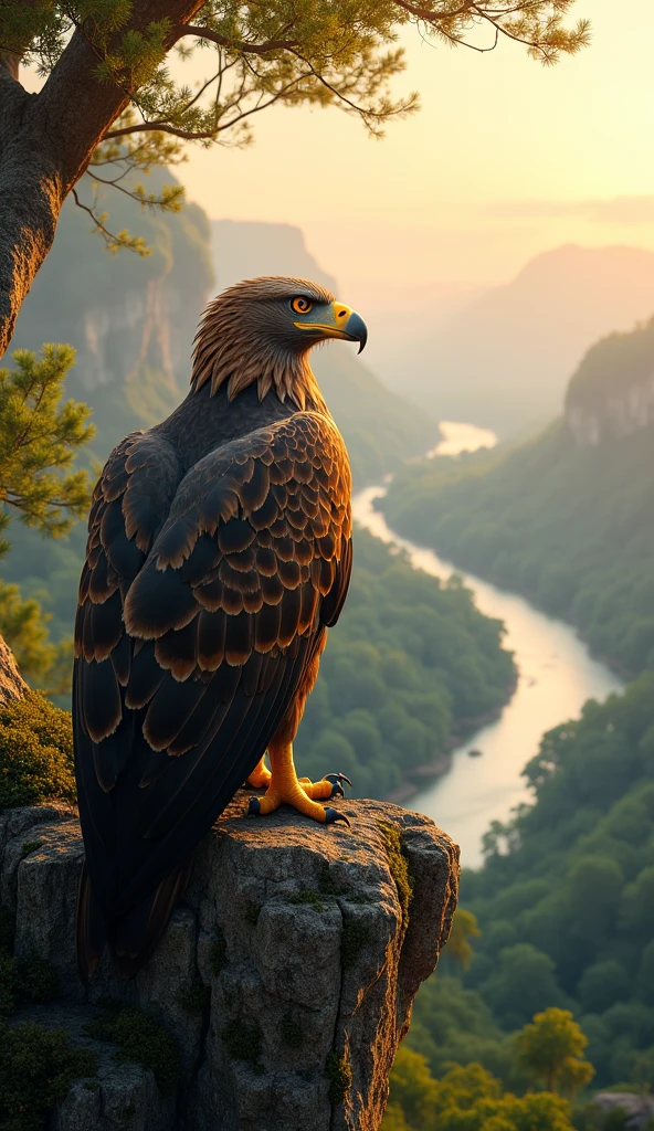 Ultrarealistic 8k Image,"An eagle perched on a tree branch, on top of a cliff, with a watchful eye. Ao fundo, a landscape of rivers and forests with the soft light of the sunset. The eagle is motionless, in waiting position, watching a distant prey. Your claws are ready, but she remains patient. The image conveys a sense of serenity, patience and determination."