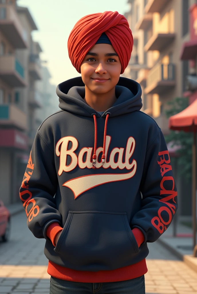 A Punjabi 17 years boy wear black reality girls ladies Punjabi jattiturban hoodie written on bold name name badal