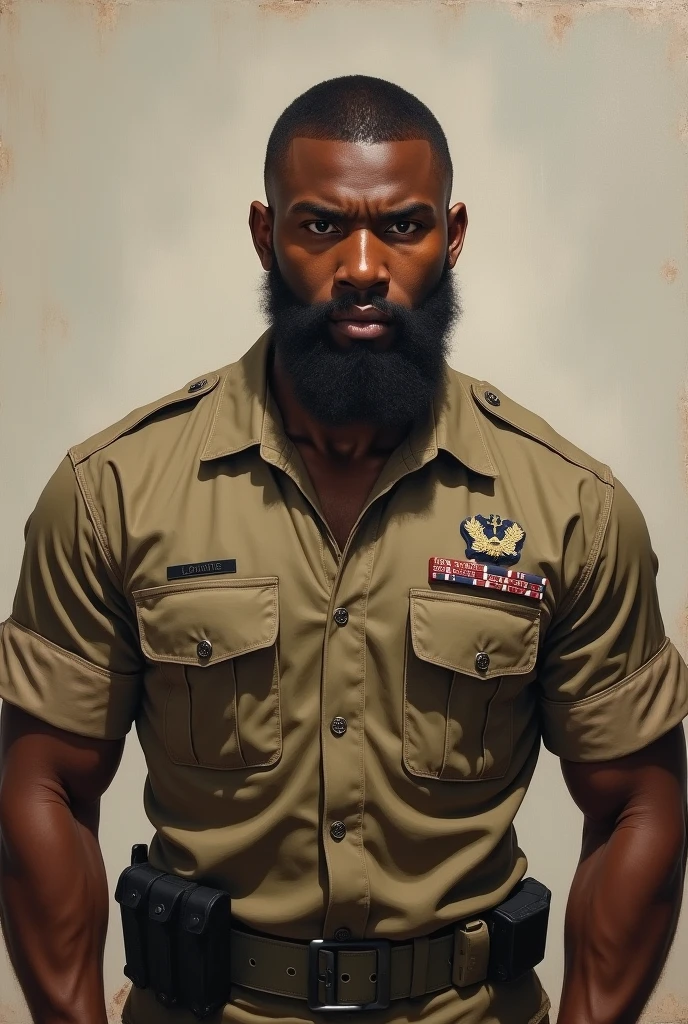 Oil painting of muscular African American man with close-cropped hair and days old beard in his 30s in military uniform 