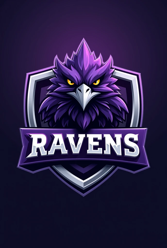 generate a 3D sports raven mascot logo shield in shiny silver and purple color, place a text strip that wraps around the shield