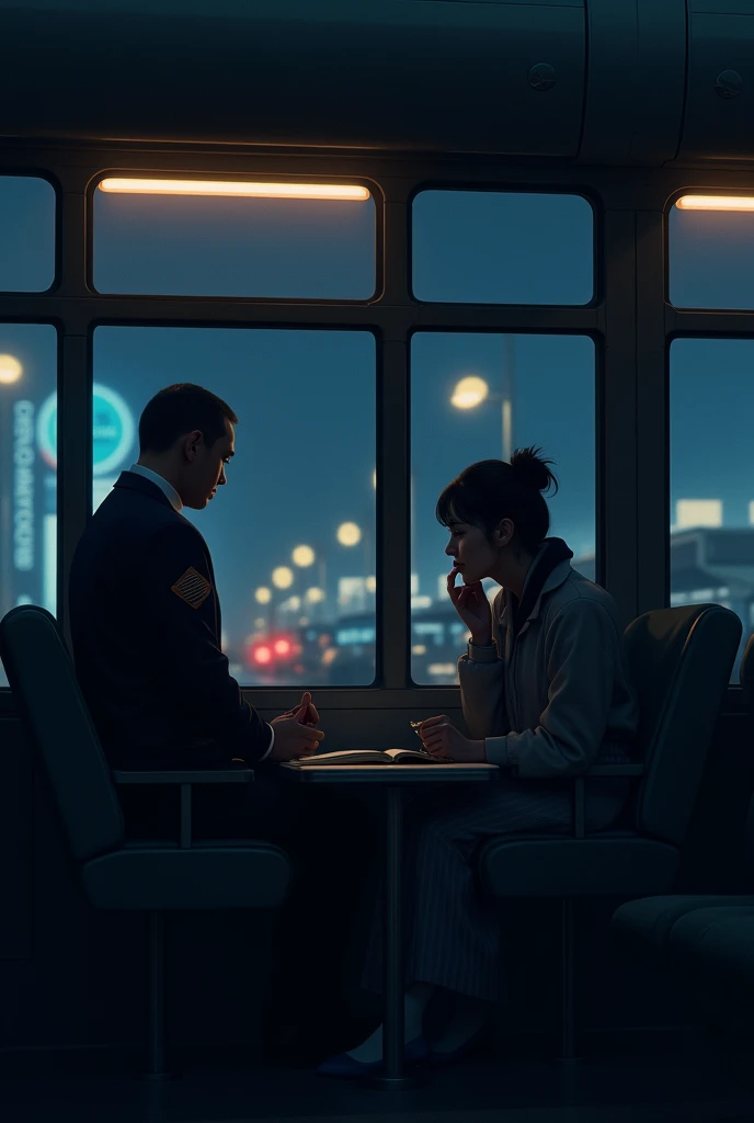 In bus only three people there conductor, husband and wife they are talking with each other night view