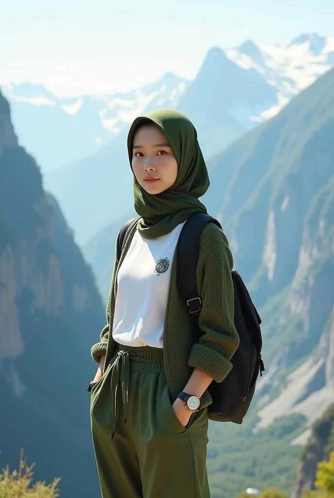 Beautiful Korean girl with smooth white skin, well-groomed face, senyum tipis, hijab panjang,olive green color ,olive green knit hudle white t-shirt embellished,celana cropped  hitam Banyak kantong nya, cool watch. Posing standing on top of a very high mountain,under a clear sky, while carrying a camera, with very beautiful scenery details , background seen from above ,river flowing fast from the waterfall.., snowy mountain, snow-covered cliffs, and beautiful bamboo trees, Original photo,Realistic