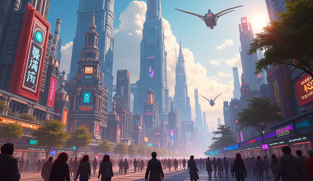 A vibrant, futuristic city with diverse cultures interacting and sharing ideas. The setting should be colorful and bustling, reflecting a global society shaped by cosmic influences. --ar 16:9