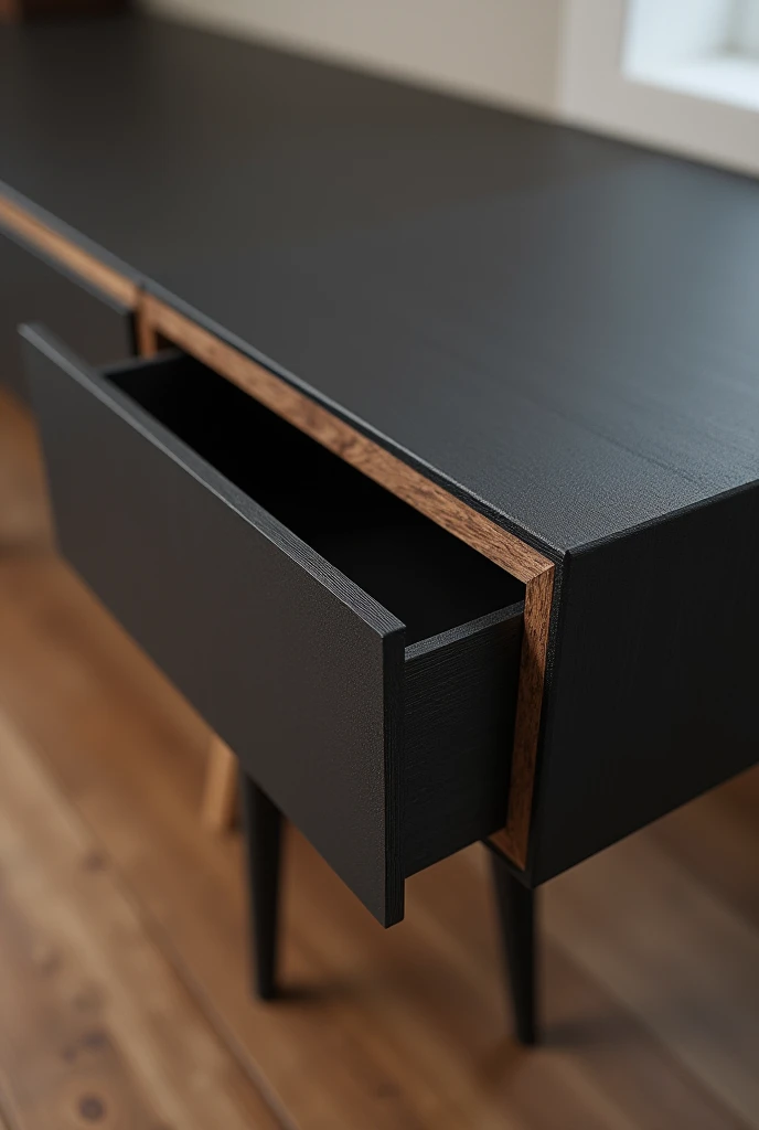 A detail image of exclusive custom furniture in black MDF and modern and minimalist wood-effect MDF, that is very close to the furniture, almost in zoom