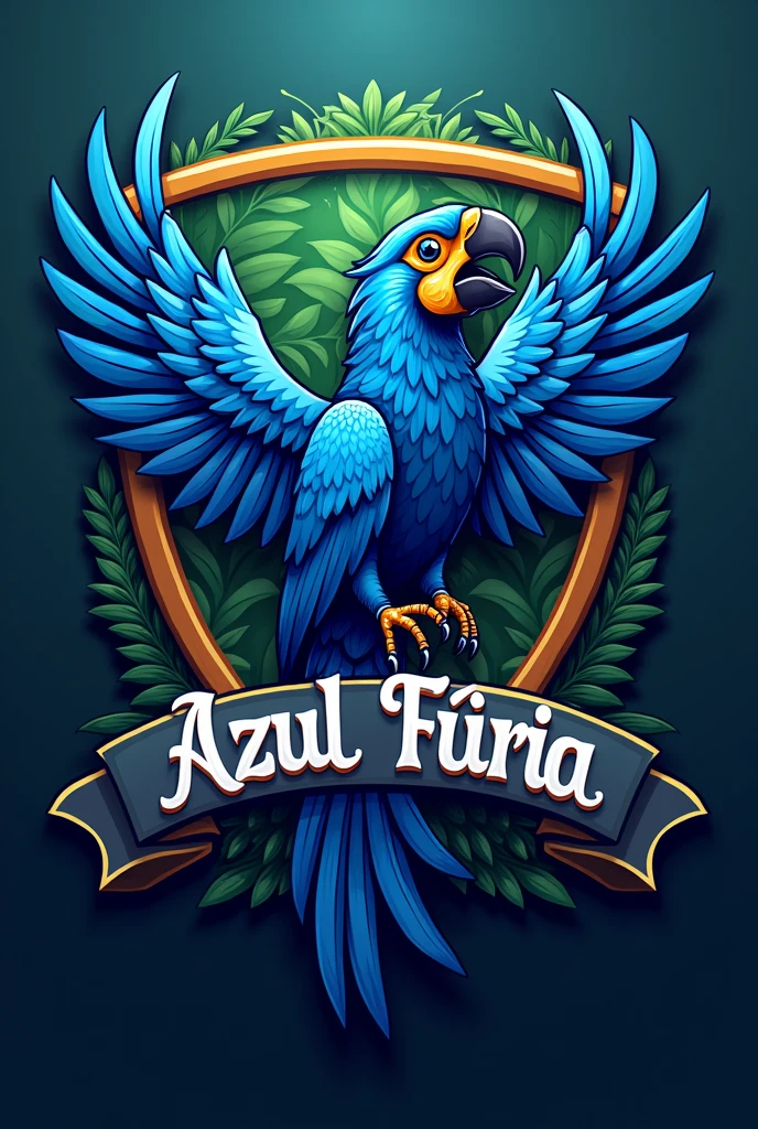 Football team shield with a blue macaw written on it "BLUE fure" write a name: no shield: BLUE fure (write in Brazilian Portuguese language)