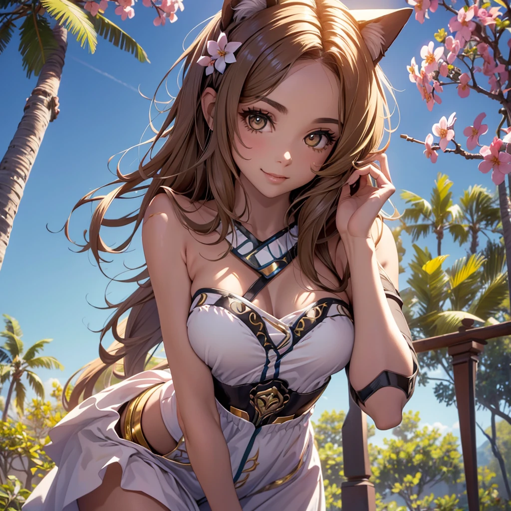 (best quality,4k,8k,highres,masterpiece:1.2),ultra-detailed,(realistic,photorealistic,photo-realistic:1.37),acrylic painting,beautiful Brazilian model in pink outfit with downy hair,beautiful Brazilian model with extremely colorful brown hair and detailed facial features,beautiful Brazilian model standing in a beautiful garden surrounded by a starry sky,brown hair,beautiful Brazilian model with intricate accessories,cat ears, ,beautiful Brazilian model with long flowing twintails,beautiful Brazilian model with bright brown eyes and rosy lips,beautiful Brazilian model with a joyful expression,beautiful Brazilian model in a dynamic pose with cherry blossoms falling around her,beautiful Brazilian model surrounded by colorful flowers and butterflies,beautiful Brazilian model with an enchanting smile,beautiful Brazilian model with soft, pastel-colored shading,beautiful Brazilian model with a magical glow illuminating her,beautiful Brazilian model in a picturesque setting with a winding path leading to a magnificent castle,beautiful Brazilian model with a fairytale-like background,beautiful Brazilian model with a soft, dreamy atmosphere,beautiful Brazilian model with a subtle bokeh effect,beautiful Brazilian model standing under a sunny sky,beautiful Brazilian model with a warm, golden sunset in the background,beautiful Brazilian model surrounded by twinkling stars and colorful nebulae,creating an ethereal and captivating artistic masterpiece, facing camera, up close, face only, dress outfit, thigh up close up