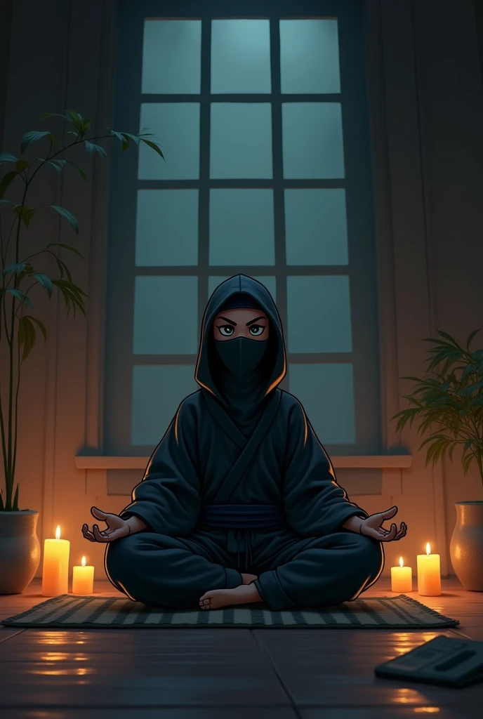 A cartoon Ninja doing meditation in dark room