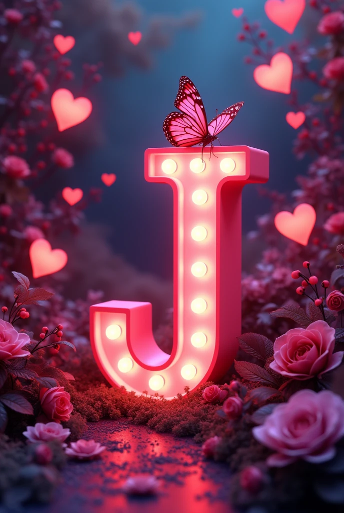 Create a realistic 3d image of letter "JAY" in style bold font, love background, neon . Capital letter. Butterfly on letters