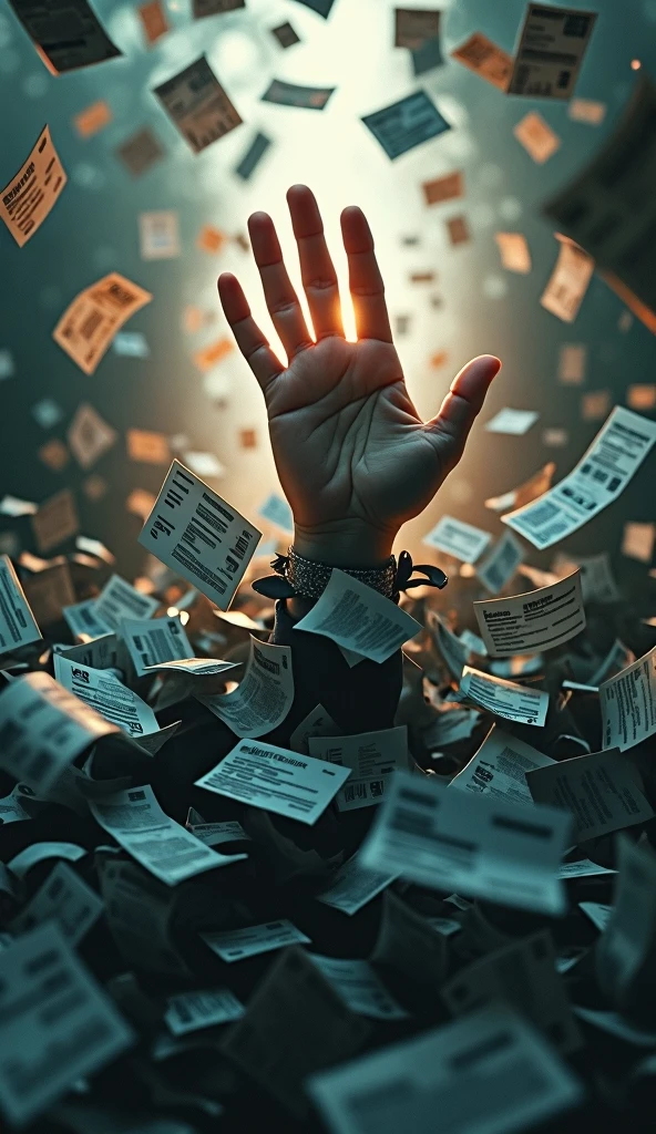 A ball of invoices and bank slips with a human hand of an executive coming out as if asking for help, showing that he is sinking in debt