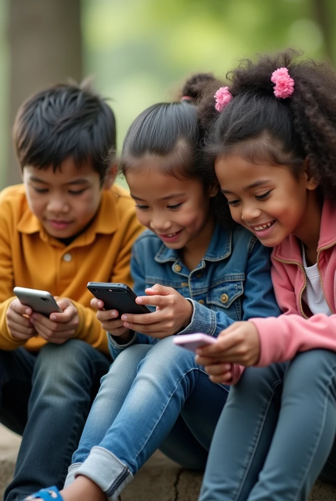Create an image of children in real life with cell phones