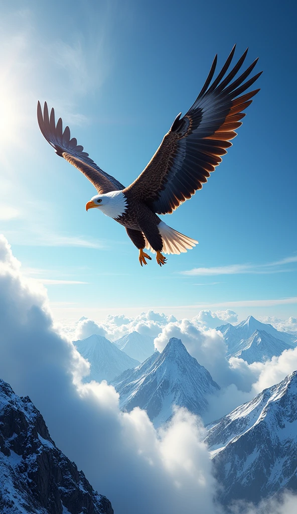 Ultrarealistic 8k Image,"An eagle flying very high, above white clouds, with the snow-capped mountains below her. the sky is deep blue, with the sun shining behind her. The wings of the eagle are open, and she seems to be gliding gently on high, looking down with a broad view. The image captures the feeling of freedom, overcoming and a higher perspective on life&#39;s challenges."