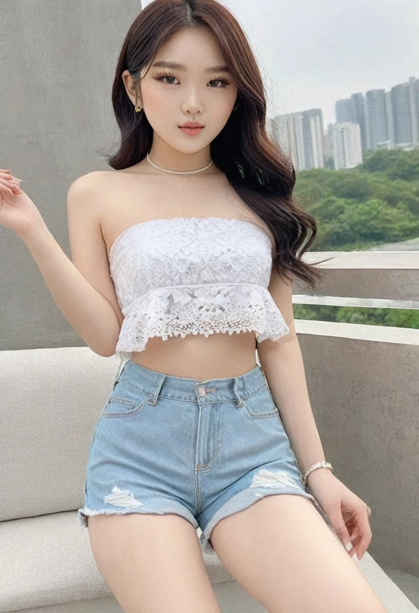 ((Best high quality:1.2)), Work of art, (8k), extremely detailed, ((High detail:1.2)), Solo, young Korean Ulzzang female, (crop strapless, 
mini-shorts),