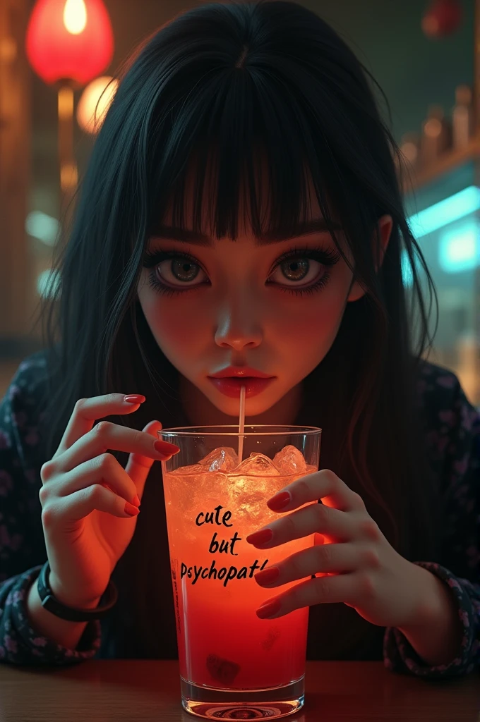 One drinking a drink with the phrase written on it "cute but psychopath"