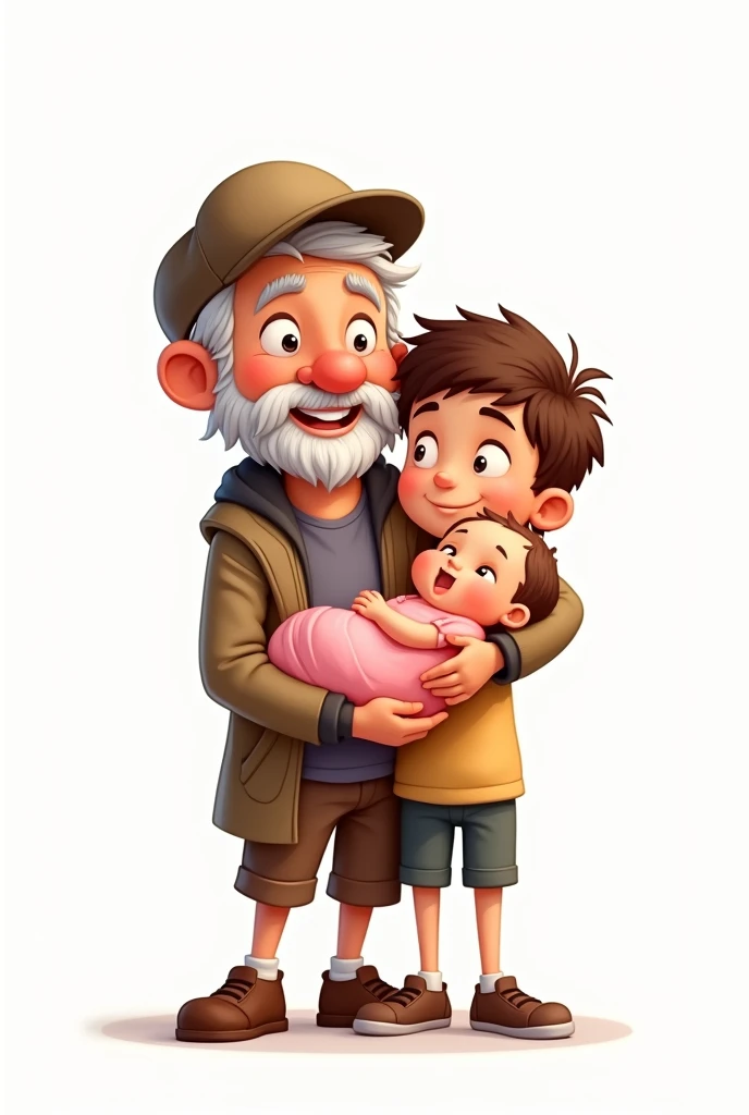 Cartoon grandfather with cap, with teenage male grandson and newborn female granddaughter in pink dress on a white background