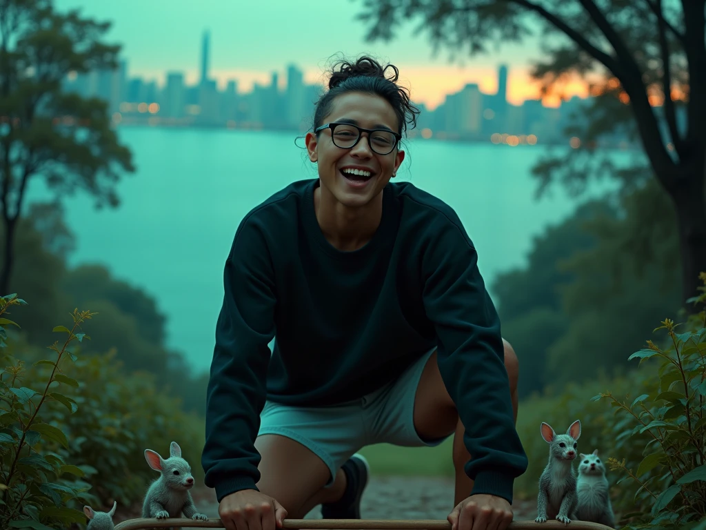 vintage photography of a man as a ((glamour model)) with ((twisted updo)) Singing powerfully,captivating the audience with deep emotion.,dressed in black sweatshirt,cartoon graphic,glasses,light shorts,casual style,city skyline,water,daylight,kneeling,leaning forward,hands on handles,portrait orientation,eye-level shot,centered subject,natural lighting,in a enchanted forest with talking animals and magical creatures,shallow depth of field,masterpiece,bioluminiscent,(cinematic,teal and orange:0.85),(overhead shot:1.3),shot on Pentax 645Z with Pentax-D FA 645 55mm f-2.8,photo by Katia Chausheva