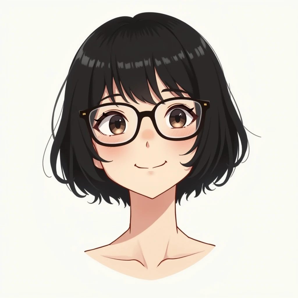 Shortcuts, Black Hair, smile, Character portrait, Wear glasses, Illustration, bangs, Unknown gender