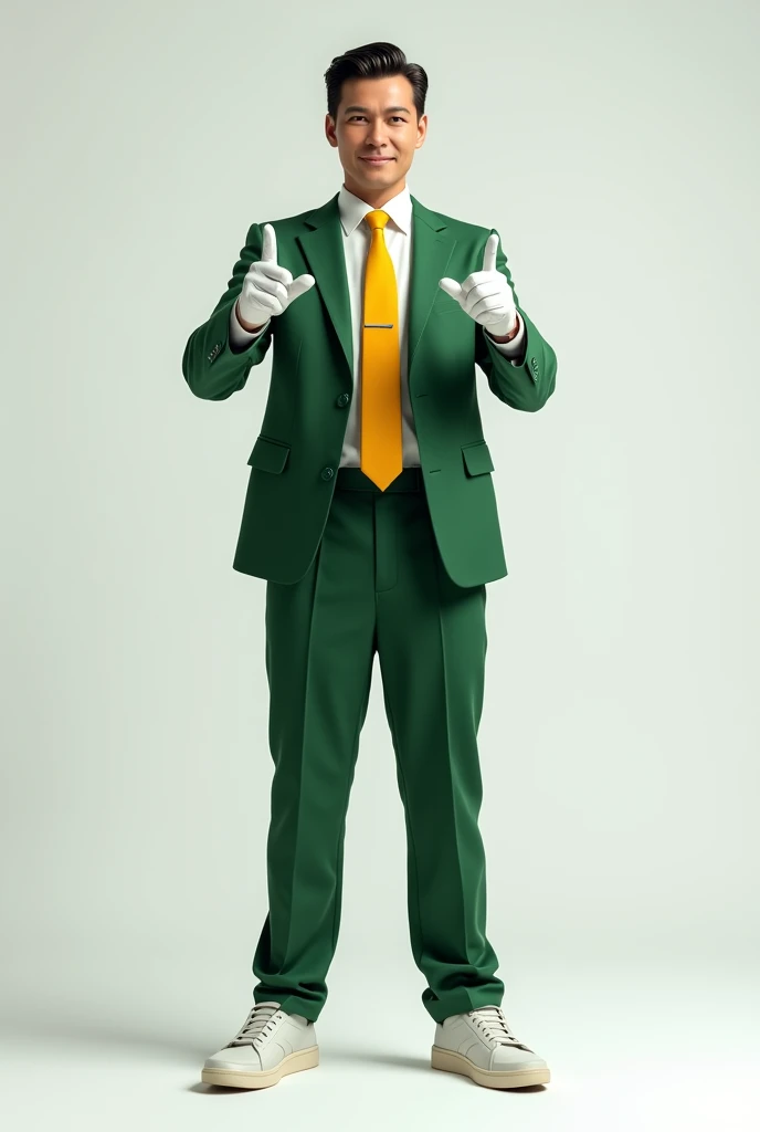 I would like a highly realistic full body image of a man. He should be wearing a green suit, green pants, white shirt and yellow tie. The background should be a neutral environment, white and well lit. The man's hair should be combed to the side and he should wear white gloves.. He should be pointing at the camera with the index fingers of both hands pointing towards the camera., as if he were giving a message. The camera should be at eye level, capturing the whole body, and the image must be in high resolution. The shoes should be sneakers.