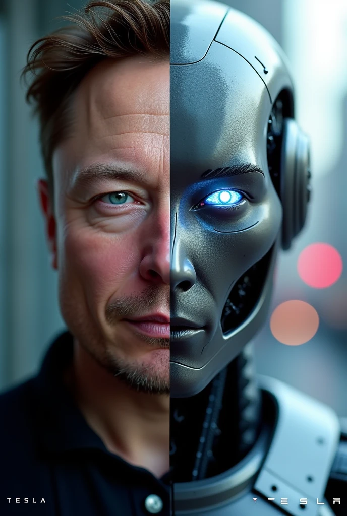 The image features a split composition with two main subjects:
Left Half: This side shows a close-up portrait of a man's face. Based on the text "ELON MUSK" at the bottom, this is likely meant to represent Elon Musk. The portrait is in a realistic style, highlighting details like his facial hair and skin texture.
Right Half: This side depicts a futuristic robot or AI character. The robot's face has a smooth, metallic surface with illuminated features, such as glowing eyes that suggest a technologically advanced design. The background is slightly blurred, giving a sense of depth and a futuristic cityscape.
The text "TESLA" appears prominently at the bottom in a bold, stylized font, aligning with the overall theme of technology and innovation. The split design juxtaposes the human and the robotic, emphasizing themes of artificial intelligence, robotics, and the intersection of human and machine. ratio 16:9