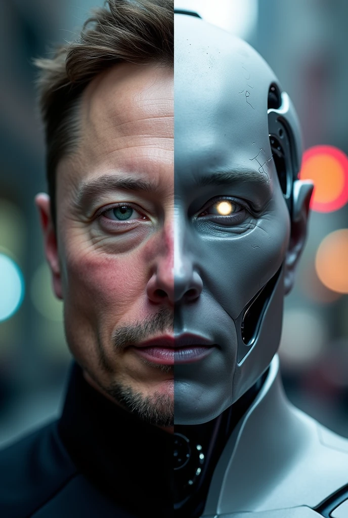 The image features a split composition with two main subjects:

Left Half: This side shows a close-up portrait of a man's face. Based on the text "ELON MUSK" at the bottom, this is likely meant to represent Elon Musk. The portrait is in a realistic style, highlighting details like his facial hair and skin texture.

Right Half: This side depicts a futuristic robot or AI character. The robot's face has a smooth, metallic surface with illuminated features, such as glowing eyes that suggest a technologically advanced design. The background is slightly blurred, giving a sense of depth and a futuristic cityscape.

The text "TESLA" appears prominently at the bottom in a bold, stylized font, aligning with the overall theme of technology and innovation. The split design juxtaposes the human and the robotic, emphasizing themes of artificial intelligence, robotics, and the intersection of human and machine. ratio 16:9