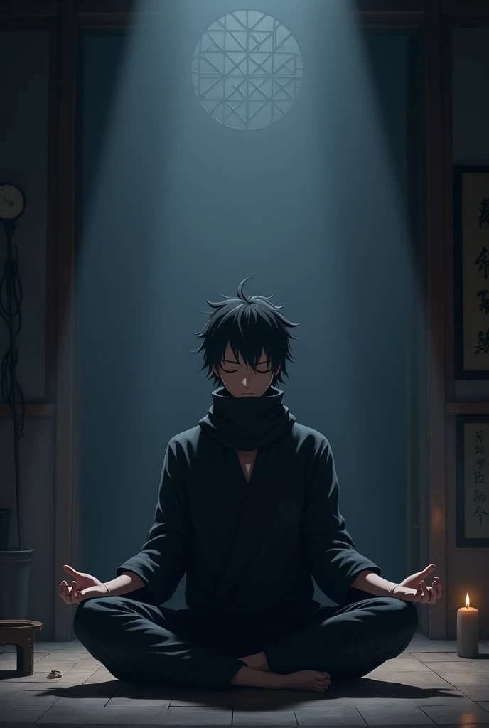 A anime Ninja doing meditation in dark room 