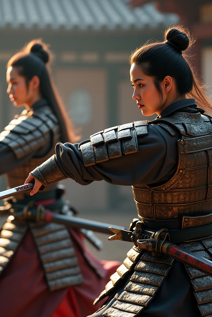 Create an ultra-realistic image of four female samurai from feudal Japan, depicted in action as they train with their swords. The focus should be on showing them in a dynamic, training environment. Each samurai should be dressed in traditional armor with intricate details, including polished metal plates, leather straps, and silk embellishments. Their armor should feature kabuto (helmets), shoulder guards, and chest plates.

Position the samurai in different training poses: one could be performing a kata (pre-arranged forms), another might be engaging in a sparring match with a fellow warrior, a third could be practicing a defensive stance, and the fourth could be demonstrating a powerful strike or cut. Ensure their swords (katana) are depicted with high realism, including detailed craftsmanship.

Their hairstyles should be traditional, with elaborate updos or wrapped in headbands, and their expressions should convey focus, determination, and discipline. The background should reflect a training dojo or a historical Japanese setting with minimal distractions, using soft, dramatic lighting to highlight the movement and details of their armor and weapons. Capture the intensity and grace of their training, emphasizing the realistic textures and dynamics of their actions.