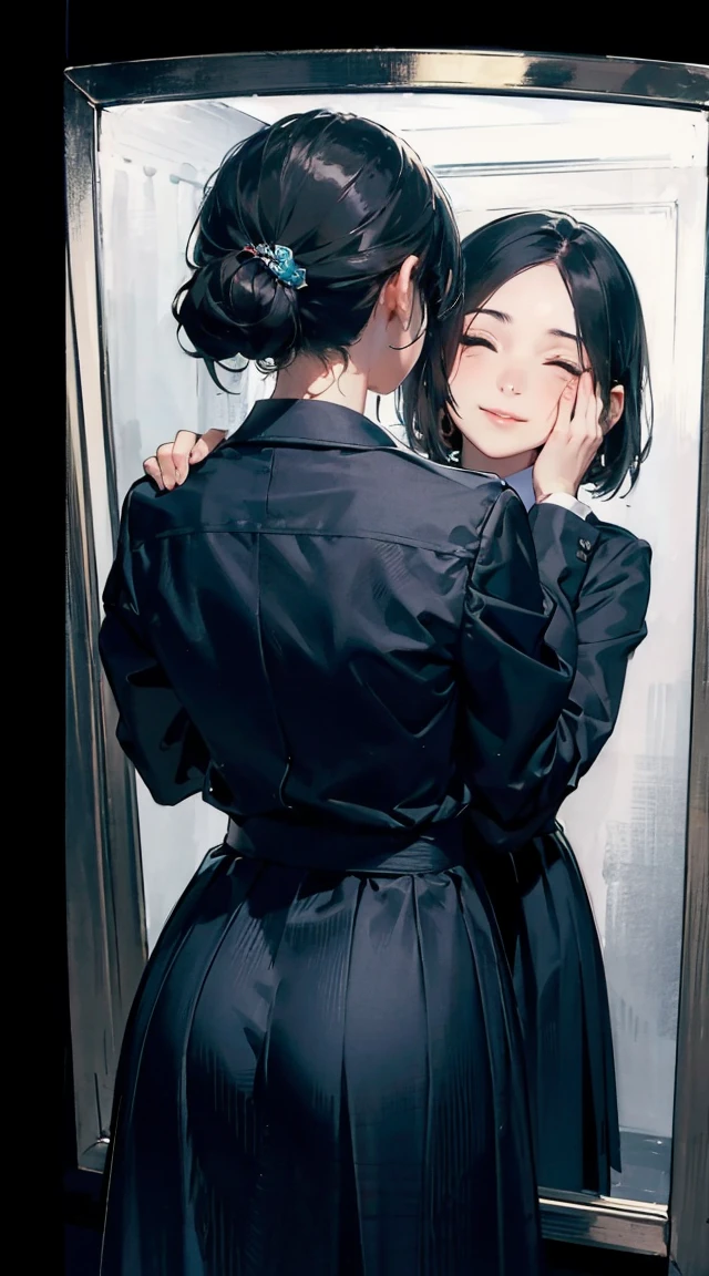 (((a woman that covers the eyes of a girl from behind with its hands))), 2girls, (school uniform:1.2), (mirror), standing, dark, horror (theme), serious, smile, covered eyes with another's hands, covering another's eyes, upper body, masterpiece, best quality, ultra-detailed, hires, illustration, AddXL, novuschroma21, novuschroma21 style