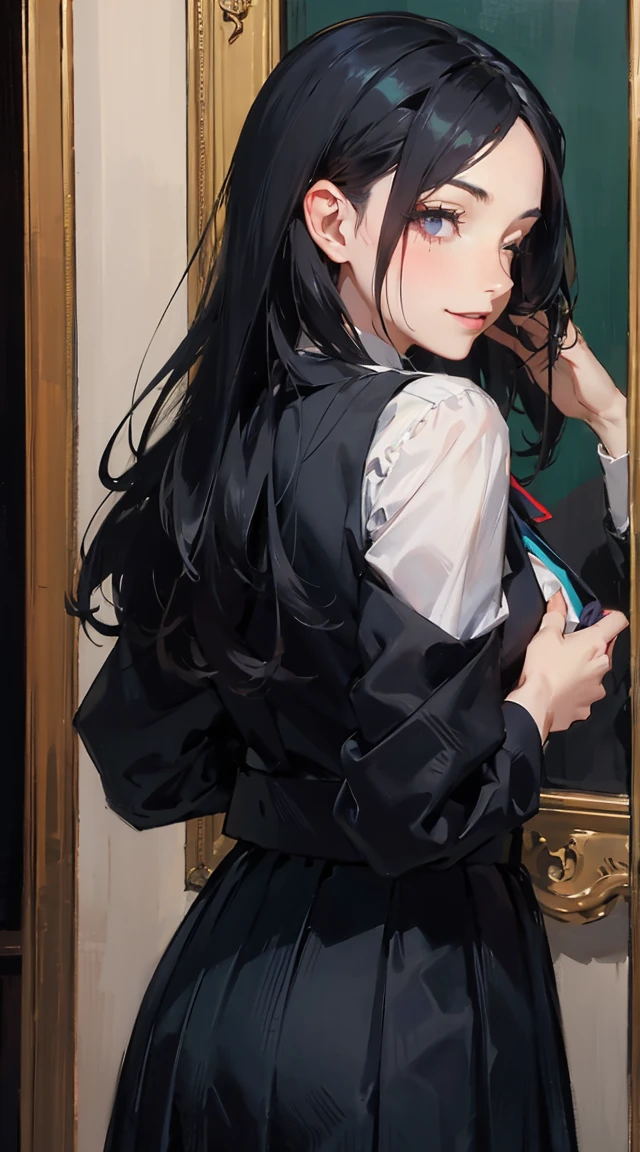 (((a woman that covers the eyes of a girl from behind with its hands))), 2girls, (school uniform:1.2), (mirror), standing, dark, horror (theme), serious, smile, covered eyes with another's hands, covering another's eyes, upper body, masterpiece, best quality, ultra-detailed, hires, illustration, AddXL, novuschroma21, novuschroma21 style