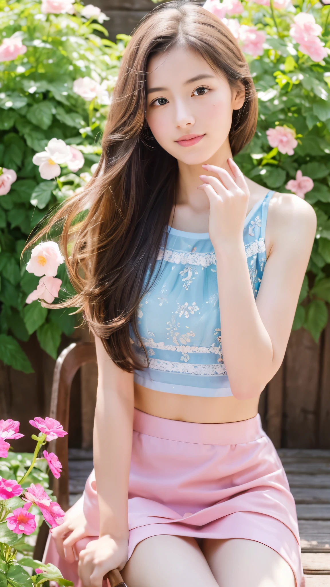 ((best qualtiy, 8k, tmasterpiece:1.3)),Focus:1.2, female high-school student,wooden cabin,(A look of determination)(adolable),delicated face,Long hair waist-length,long hair flowing,Tilt your head,ssmile,Hair details,Delicate Full Body Portrayal,Delicate depiction of the face,Best picture quality,A high resolution,Detailed background,Delicate portrayal,exquisitedetails,Rich in detail,Facial strengthening,(Pink crop top top,short skirt),with blue sky and white clouds,wooden cabin,Sitting Among the Flowers,There are no bags under the eyes