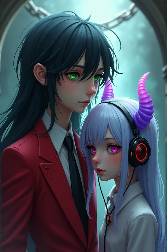 A boy with long black hair, green eyes, who wore a red suit, looking down at something.
Beside him a girl with ligt purple horns, blue hair that ends in purple stripes with headphones