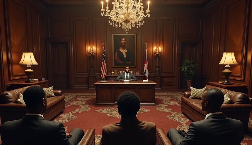 one muslim, one jamaican and one african queen sitting in couches and staring at an executive black woman, in a big office in the style of the godfather movies, view from the ceiling
