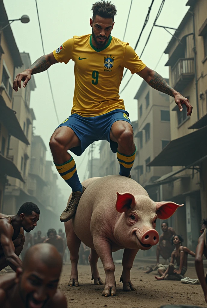 Neymar on top of a pig kicking beggars