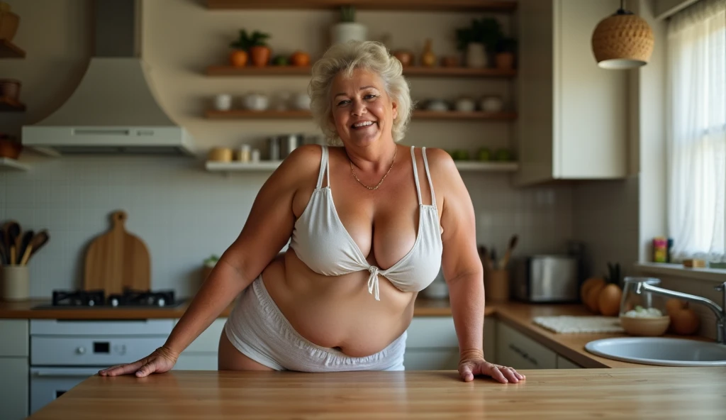woman in a short skirt is in a house in the kitchen, leaning on the table, she is standing, sticking her ass out, older woman 60 years old, short skirt, curvy, hot, voluminous body, cleavage, big breasts, approximately 60 years old , front image, looking for camera, posing, stunning, natural mature woman, medium size, natural six-pack