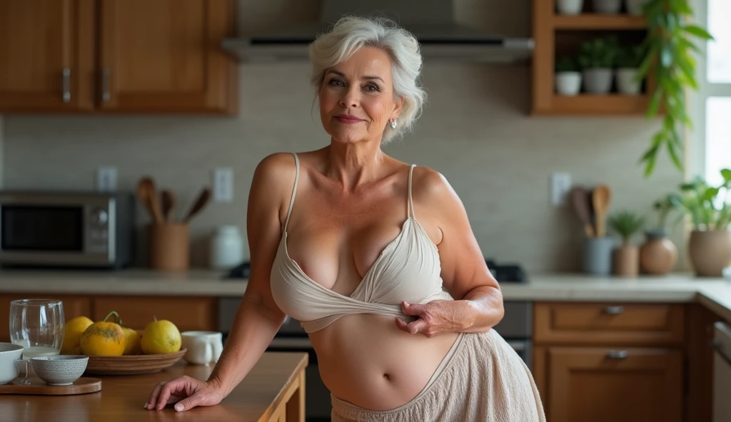 woman in a short skirt is in a house in the kitchen, leaning on the table, sticking her ass out, attractive woman in her 70s, short skirt, curvy, hot, voluminous body, cleavage, big breasts, approximately 70 years old, older elderly woman , front image, looking for camera, posing, stunning, natural mature woman, medium size, natural six-pack