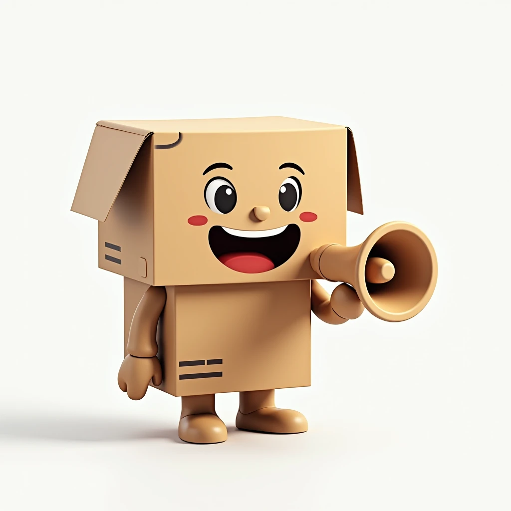 Create a hyper-realistic image of a mascot named WillBox, shaped like a box, (((in focus))), shown from a front-facing view. WillBox should have a detailed, realistic design, capturing the textures and colors of a cardboard or package box, including visible flaps and edges. Ensure WillBox has a friendly and approachable expression, possibly with cartoonish eyes and a smile. In one hand, WillBox should be holding a megaphone, adding a touch of personality to the character. (((in focus))) The background must be completely white, resembling a studio setting or transparent, with no distractions or additional elements. The entire WillBox mascot, including the megaphone, should be fully visible, with no parts cut off. Use soft, flattering lighting to highlight the texture and colors of the box and the megaphone, emphasizing their appearance. The image must be ultra-realistic, crystal clear, 8K UHD, with fine details and a polished, high-quality finish. Ensure the entire image is extremely sharp and (((in focus))), with absolutely no blurriness or softness. All details should be perfectly clear and defined, with absolute focus across the entire image. Use the lens at full aperture to achieve maximum sharpness and clarity (((in focus))).