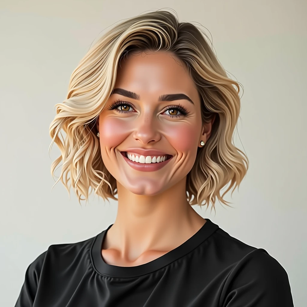 american blondy woman, short wavy hair, brown eyes, beautifull smile,oval face, detailed, teacher, wearing black t short, headshot