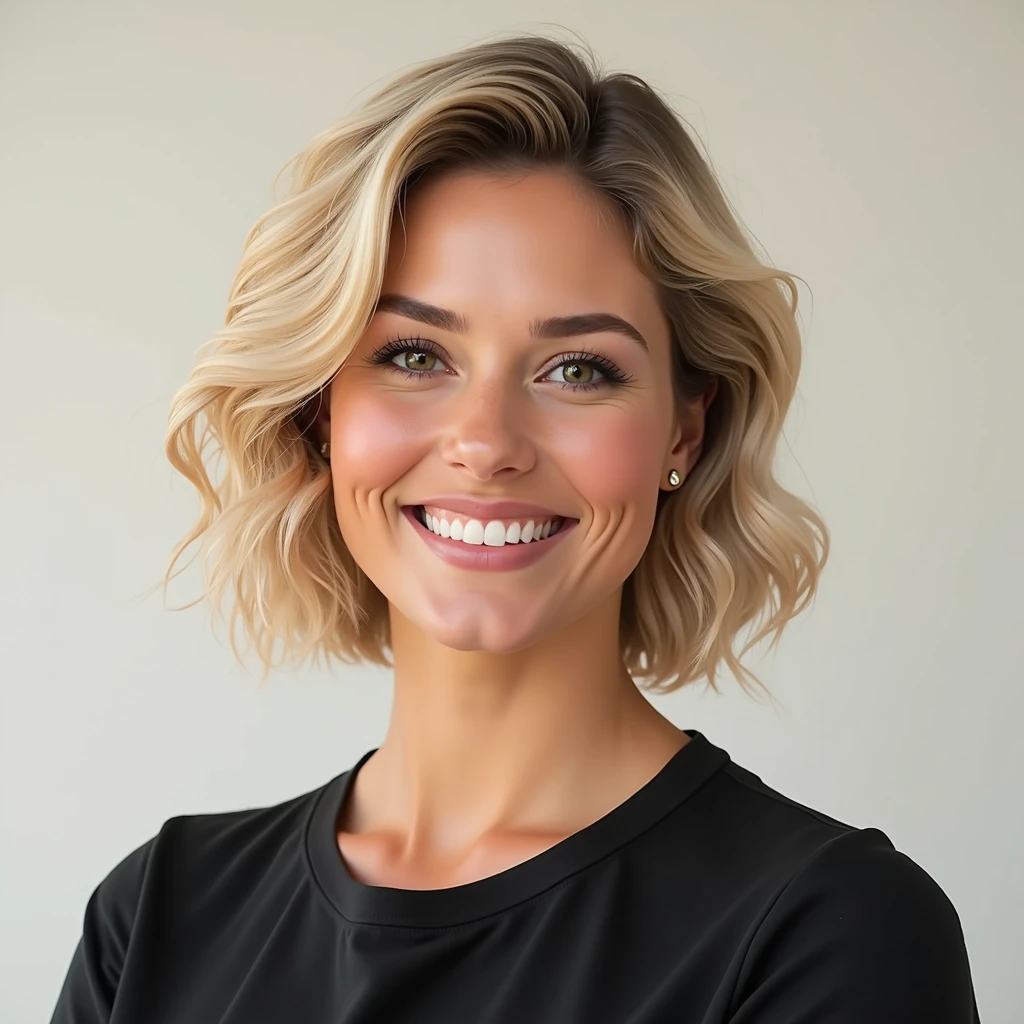 american blondy woman, short wavy hair, brown eyes, beautifull smile,oval face, detailed, teacher, wearing black t short, headshot