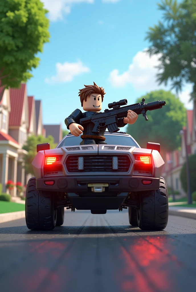 Create an image of a Roblox character with a car and fighting in a neighborhood