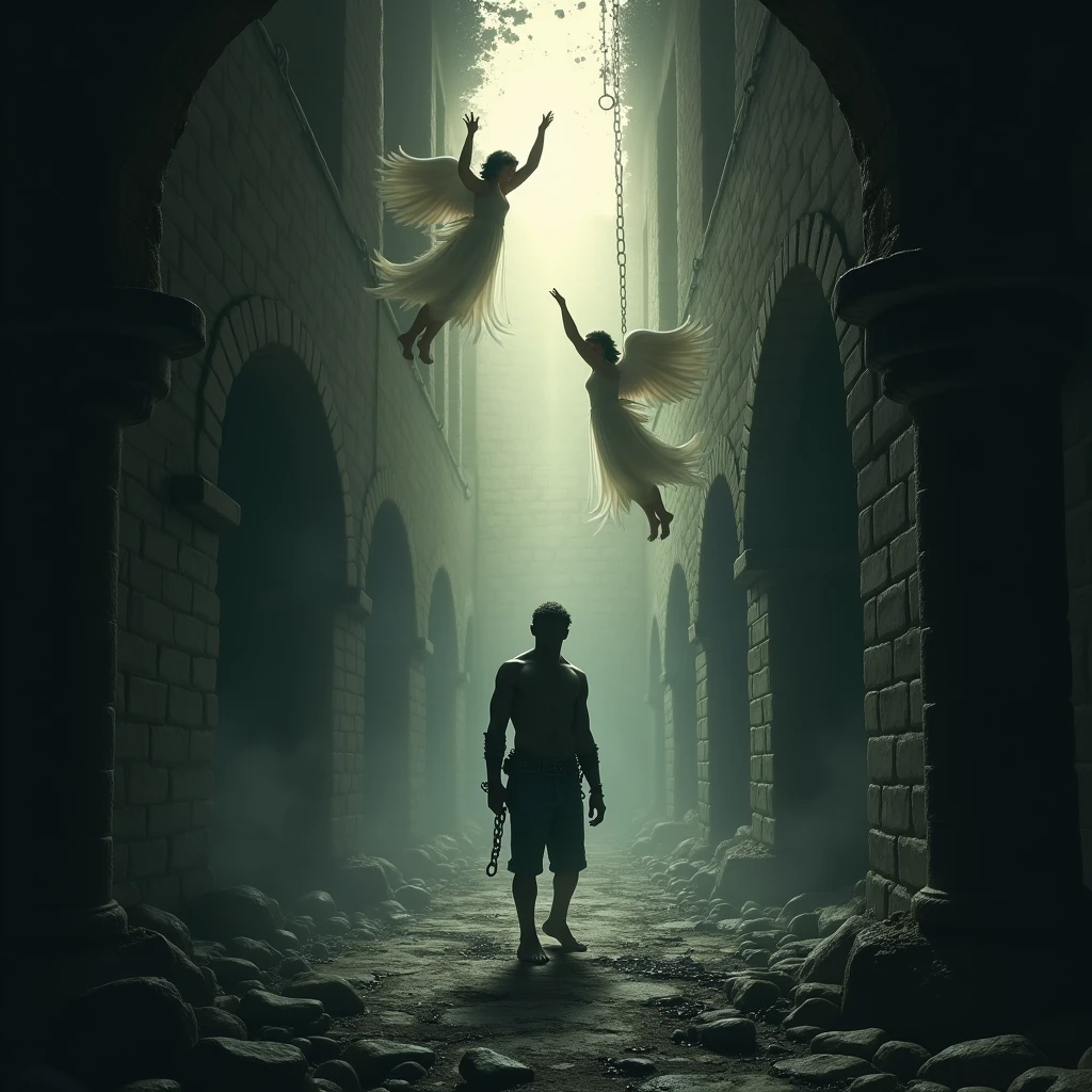 A person trapped in a dark, labyrinthine dungeon, surrounded by chains and shadows. A celestial beam of light breaks through a crack in the ceiling, illuminating a path to freedom. Angels guide the person towards the light, symbolizing their escape from the dominion of darkness
