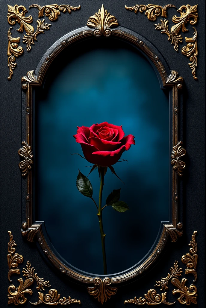 Title: "Dark Elegance"
- Dark blue (#212121)
- Deep blue (#3498db)
- Negro (#000000)
- Dorado (#FFD700)
- Deep red (#8b0a1a)

Elements:

- An ornate gold frame around the edge of the picture, with intricate patterns and floral details.
- A black rose in the center of the image, with soft and delicate petals.
- A dark blue background that graduates to deep blue towards the edge of the image.
- Black velvet and lace details around the rose, adding texture and depth.
- Deep red accents in the center of the rose and in the frame details, adding a touch of passion and mystery.

style:

- Dark and elegant theme, with a touch of mystery and sophistication.
- Gothic and Victorian influences in the frame design and floral details.

