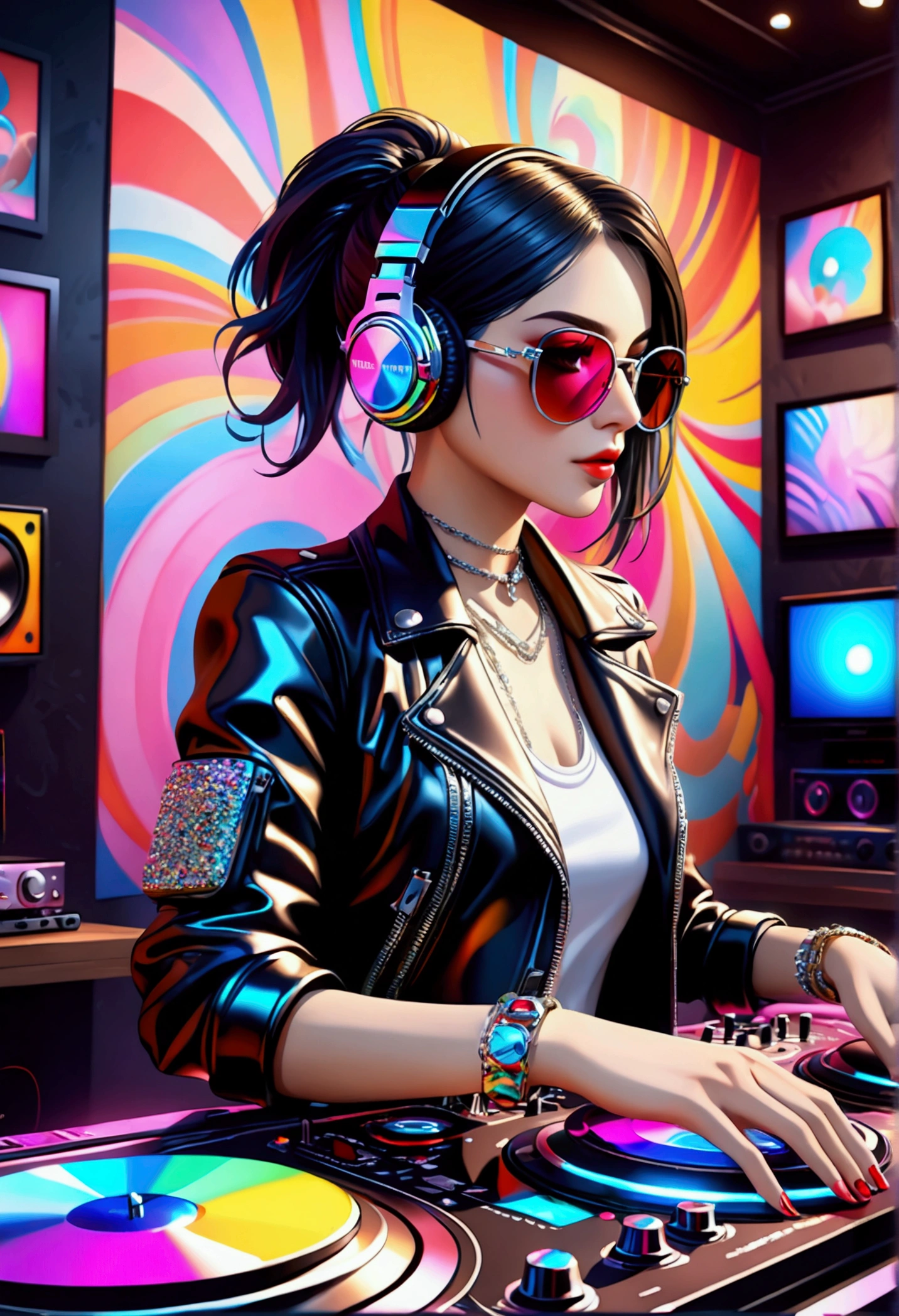 A woman playing as a DJ,Sunglasses,auricular,Surrounded by equipment,(((House live))),(((dazzling focus))),chromatic aberration, depth of field,Fashion punk,Leather material,silver accessories, ((masterpiece, of the highest quality, Very detailed CG, unity wallpaper 8k )),(masterpiece, of the highest quality, of the highest quality, official art, beautiful),very vivid,High precision images,ultra high resolution,great art,poster art,Awesome photos,colorful reflections,Color interior,