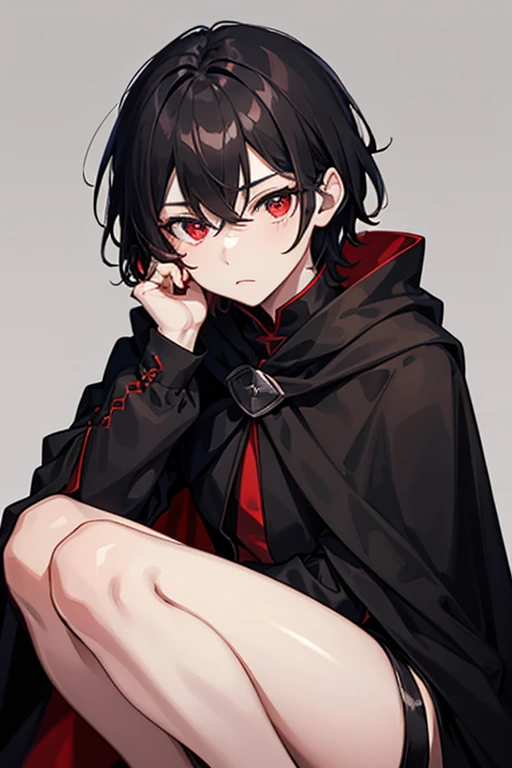 black cloak, young boy, black short hair, red eyes, childish face