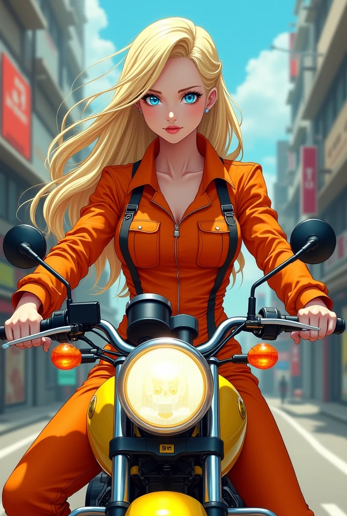 a blonde woman with blue eyes, sexy long hair wearing an orange jumpsuit, of the type used on oil platforms, on the back of a yellow motorcycle of a motorcycle taxi, anime type